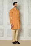 Aryavir Malhotra_Orange Kurta Cotton Silk Printed Checkered Set _at_Aza_Fashions