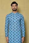 Shop_Aryavir Malhotra_Blue Kurta Georgette Chikankari Printed Geometric And Floral Set _Online_at_Aza_Fashions