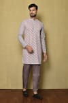 Buy_Aryavir Malhotra_Multi Color Kurta Georgette Chikankari Printed Flower Checkered Set _at_Aza_Fashions