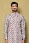 Shop_Aryavir Malhotra_Multi Color Kurta Georgette Chikankari Printed Flower Checkered Set _Online_at_Aza_Fashions