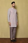 Aryavir Malhotra_Multi Color Kurta Georgette Chikankari Printed Flower Checkered Set _at_Aza_Fashions