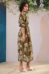 Buy_Arcvsh By Pallavi Singh_Green Silk, Chanderi Split V-neck Floral Print Dress _Online_at_Aza_Fashions
