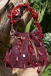 Shop_BAG HEAD_Red Crystal And Pearl Embellished Potli _at_Aza_Fashions