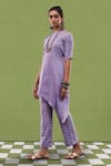 Buy_AFFROZ_Purple Cotton Jacquard Solid Round Asymmetric Hem Paneled Kurta And Trouser Set _Online_at_Aza_Fashions