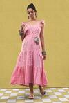 Buy_AFFROZ_Pink Cotton Jacquard Solid Round Ruffle Sleeve Midi Dress _at_Aza_Fashions