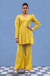 Buy_AFFROZ_Yellow Cotton Jacquard Solid Glass Neck Peplum Top And Bell-bottom Pant Set _at_Aza_Fashions