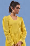 Shop_AFFROZ_Yellow Cotton Jacquard Solid Glass Neck Peplum Top And Bell-bottom Pant Set _at_Aza_Fashions