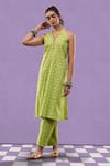 Shop_AFFROZ_Green Cotton Jacquard Textured Halter Neck Pattern Kurta And Pant Set _Online_at_Aza_Fashions