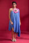 Buy_Ruh Clothing_Blue Satin Silk Hand Embroidered 3d Floral Applique And Sequin Work Draped Dress_at_Aza_Fashions