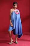 Ruh Clothing_Blue Satin Silk Hand Embroidered 3d Floral Applique And Sequin Work Draped Dress_at_Aza_Fashions