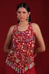 Shop_Ruh Clothing_Maroon Chanderi Hand Embroidered Thread Halter Neck Floral Top And Sharara Set_Online_at_Aza_Fashions