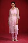 Buy_Ruh Clothing_Pink Organza Hand Embroidered And Printed Beads Kurta V Neck Thread Pant Set _at_Aza_Fashions