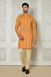 Buy_Aryavir Malhotra_Orange Kurta Cotton Silk Printed Checkered Set _at_Aza_Fashions