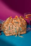 Shop_House of Bio_Orange Embellished Crystal Studded Bucket Bag _at_Aza_Fashions