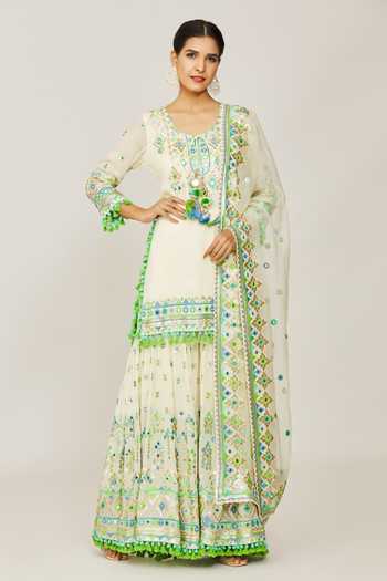 Buy_Gopi Vaid_Ivory Viscose, Georgette, Organza Friya Embroidered Short Kurta Sharara Set _at_Aza_Fashions