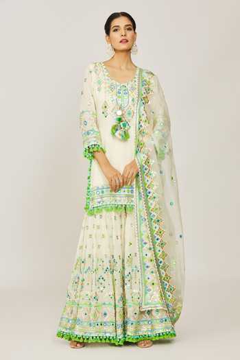 Shop_Gopi Vaid_Ivory Viscose, Georgette, Organza Friya Embroidered Short Kurta Sharara Set _at_Aza_Fashions