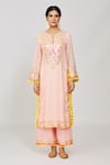 Shop_Gopi Vaid_Pink Viscose, Linen, Chiffon, Satin Pom-poms, Geometric Kurta Palazzo Set _at_Aza_Fashions