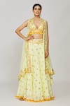 Shop_Gopi Vaid_Yellow Cape Organza Embroidered Thread Cape Open Tashi Victorian Skirt Set _at_Aza_Fashions