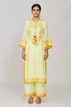 Buy_Gopi Vaid_Yellow Viscose, Linen, Chiffon, Satin Fringe, Embroidery, Kurta Palazzo Set _Online_at_Aza_Fashions