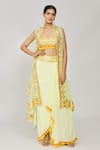 Buy_Gopi Vaid_Yellow Cape Organza Embroidered Thread Cape Open Ishita Draped Skirt Set _at_Aza_Fashions