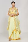 Buy_Gopi Vaid_Yellow Cape Organza Embroidered Thread Cape Open Triya Draped Skirt Set _at_Aza_Fashions