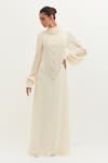 Shop_MALA AND KINNARY_Ivory Georgette Embroidered Pearls High Neck Gown _Online_at_Aza_Fashions