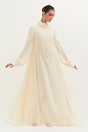 Buy_MALA AND KINNARY_Ivory Georgette Embroidered Pearls High Neck Gown 