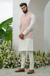 Shop_Amrit Dawani_Peach Bundi Raw Silk Embroidered Thread Marine Kurta Set _Online_at_Aza_Fashions