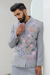 Shop_Amrit Dawani_Grey Bundi Polyester Handpainted Floral Kurta Set_Online_at_Aza_Fashions