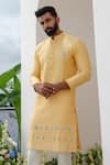 Amrit Dawani_Yellow Kurta Raw Silk Embroidered Floral Placement With Bell Bottom Pant _Online_at_Aza_Fashions