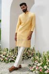 Buy_Amrit Dawani_Yellow Kurta Raw Silk Embroidered Floral Placement With Bell Bottom Pant _Online_at_Aza_Fashions