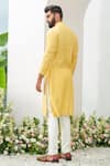Shop_Amrit Dawani_Yellow Kurta Cotton Blend Embroidered Thread Placed Cutdana With Trouser_at_Aza_Fashions
