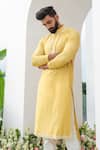 Buy_Amrit Dawani_Yellow Kurta Cotton Blend Embroidered Thread Placed Cutdana With Trouser_Online_at_Aza_Fashions