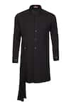 S&N by Shantnu Nikhil_Black Suiting Brushed Embroidered Faux Leather Nehru Collar Draped Kurta _Online_at_Aza_Fashions