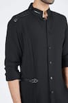 Shop_S&N by Shantnu Nikhil_Black Suiting Brushed Embroidered Faux Leather Nehru Collar Draped Kurta _Online_at_Aza_Fashions