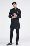 Buy_S&N by Shantnu Nikhil_Black Cotton Pleated Fabric Textured Nehruvian Collar Sherwani _at_Aza_Fashions