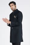 Shop_S&N by Shantnu Nikhil_Black Cotton Pleated Fabric Textured Nehruvian Collar Sherwani _Online_at_Aza_Fashions