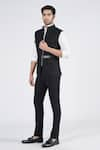 Buy_S&N by Shantnu Nikhil_Black Suiting Fabric Herringbone Patchwork Faux Leather Waistcoat _at_Aza_Fashions