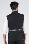 Shop_S&N by Shantnu Nikhil_Black Suiting Fabric Herringbone Patchwork Faux Leather Waistcoat _at_Aza_Fashions