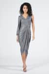 Buy_S&N by Shantnu Nikhil_Grey Silver Lurex Braided V Neck Draped Dress _at_Aza_Fashions