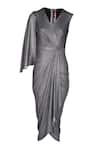 S&N by Shantnu Nikhil_Grey Silver Lurex Braided V Neck Draped Dress _Online_at_Aza_Fashions