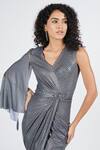 Buy_S&N by Shantnu Nikhil_Grey Silver Lurex Braided V Neck Draped Dress _Online_at_Aza_Fashions