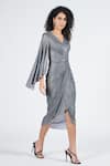 Shop_S&N by Shantnu Nikhil_Grey Silver Lurex Braided V Neck Draped Dress _Online_at_Aza_Fashions