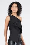 Buy_S&N by Shantnu Nikhil_Black Neoprene Embellished One Shoulder Asymmetrical Structured Draped Top _Online_at_Aza_Fashions