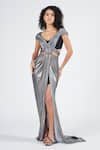 Buy_S&N by Shantnu Nikhil_Grey Silver Lurex V Neck Draped Saree Gown_at_Aza_Fashions
