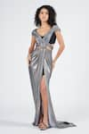 Buy_S&N by Shantnu Nikhil_Gray Silver Lurex V Neck Draped Saree Gown _at_Aza_Fashions