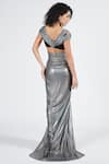 Shop_S&N by Shantnu Nikhil_Grey Silver Lurex V Neck Draped Saree Gown_at_Aza_Fashions