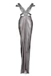 S&N by Shantnu Nikhil_Grey Silver Lurex V Neck Draped Saree Gown_Online_at_Aza_Fashions