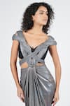 Buy_S&N by Shantnu Nikhil_Gray Silver Lurex V Neck Draped Saree Gown _Online_at_Aza_Fashions