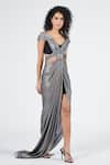 Shop_S&N by Shantnu Nikhil_Grey Silver Lurex V Neck Draped Saree Gown_Online_at_Aza_Fashions